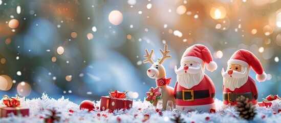 Aufkleber - A duo of Santa Clauses two reindeer and presents amidst a snowy setting in a copy space image