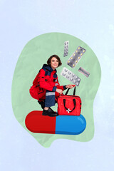 Sticker - Vertical composite collage image picture of mini paramedic girl big pills isolated on creative background