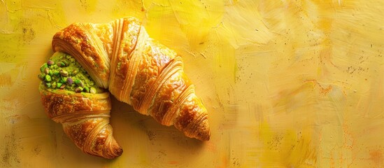 Aufkleber - A tasty homemade croissant with pistachio filling on a textured yellow background Copy space image available for text in this flat lay setting