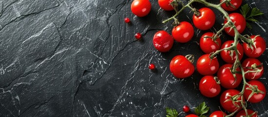 Wall Mural - Top view of vibrant red tomatoes on a stylish black stone board with copy space image