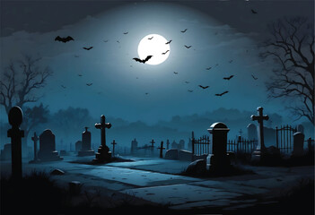 a vector illustration of a cemetery with bats flying around it and full moon in the sky