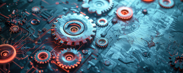 Sticker - Illustration of background with a lot of different sizes of cogwheels. Concept of wallpaper and banner.