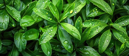 Aufkleber - Tropical abstract green foliage with raindrops ideal as an eco friendly wall decoration This ornamental plant provides a lush organic copy space image for backgrounds or wallpapers
