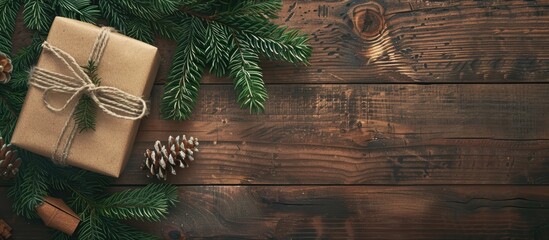 Aufkleber - Wooden table holds a Christmas gift box and fir tree branch creating a festive setting with a copy space image