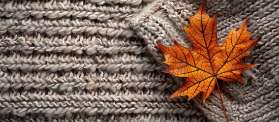 Poster - Autumn themed background featuring a maple leaf on a knitted surface with space for additional images