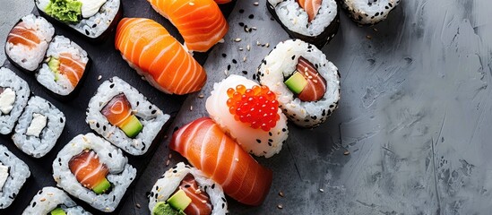 Poster - A variety of sushi rolls featuring salmon trout tuna tobiko caviar and nori set on a table with a view from the top offering a healthy and organic meal option with copy space for text
