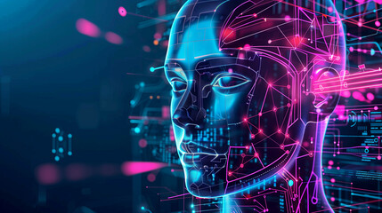 Fototapete - Futuristic AI Robot Head with Holographic Data and Cyberpunk Elements Against Dark Blue and Neon Pink Background Featuring Human-like Figure Representing Artificial Intelligence