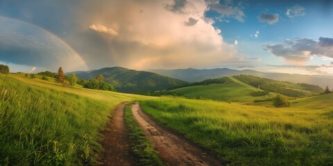 Wall Mural - A road winds through a lush green field with a rainbow in the sky. The scene is peaceful and serene, with the colors of the rainbow adding a touch of magic to the landscape