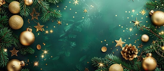 Poster - A festive background for Christmas and New Year with a banner featuring fir tree branches golden Christmas balls and stars surrounded by a copy space image