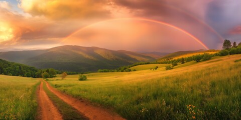 Wall Mural - A rainbow is seen in the sky above a field of grass. The sky is cloudy and the sun is setting. The field is lush and green, with a dirt road running through it. The scene is peaceful and serene