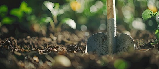 Wall Mural - Close up of shovel in urban gardening setting with copy space image