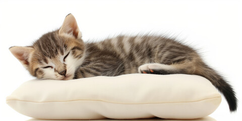 Wall Mural - A kitten is sleeping on a pillow. The pillow is white and the kitten is brown and white