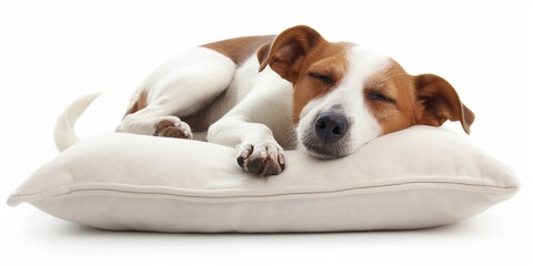 Wall Mural - A dog is sleeping on a pillow. The pillow is white and the dog is brown and white