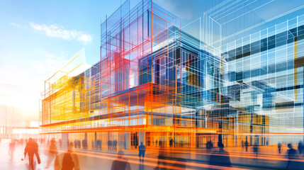 Canvas Print - Architectural visualization with a modern building overlayed by colorful wireframe structures, with people walking in the foreground.