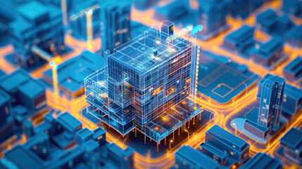 Wall Mural - Digital representation of a construction site in a city, featuring a wireframe model of a building under development with surrounding structures and roads.