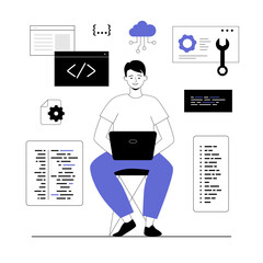 Wall Mural - Software development, programming, coding. Man write code, settings and testing, developing programs and applications. Vector illustration with line people for web design.