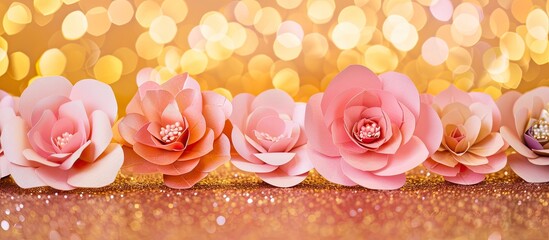 Girl baby shower party featuring paper flowers with a festive background of gold glitter An ideal composition for a copy space image