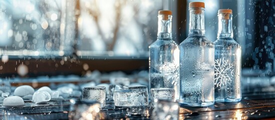 Aufkleber - Chilled vodka bottles subtly visible through misted glass alongside ice cubes with a copy space image