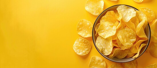 Aufkleber - Top view of potato chips in a bowl on a yellow background with space for text or image. with copy space image. Place for adding text or design