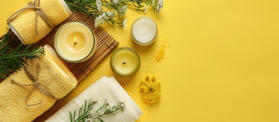 Poster - A spa themed flat lay arrangement with scented candles towel and lotion on a bright yellow surface perfect for showcasing spa concepts includes copy space image