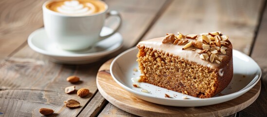 Poster - Decadent dessert pairing of cappuccino and cinnamon plum cake topped with chopped almonds great for foodies Ideal for menus ads copy space image