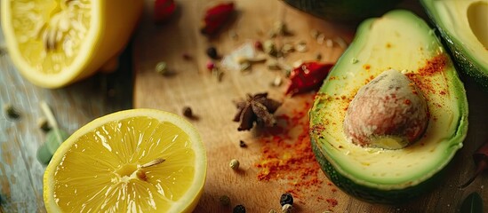 Aufkleber - A fresh half avocado and lemon on a cutting board with spices creating an appetizing composition with copy space image