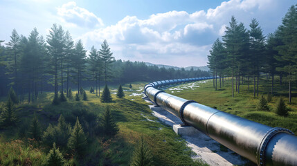 Sticker - Large pipeline running through a dense forested area with tall evergreen trees and clear sky with clouds.