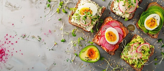 Poster - Healthy vegetarian open sandwiches topped with avocado radish boiled egg and sprouts perfect for showcasing in a copy space image