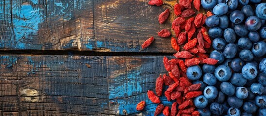 Poster - Blueberries and goji berries arranged on a wooden table with copy space image