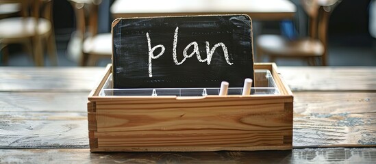 Wooden box on white table with blackboard written plan and white chalks perfect for a copy space image