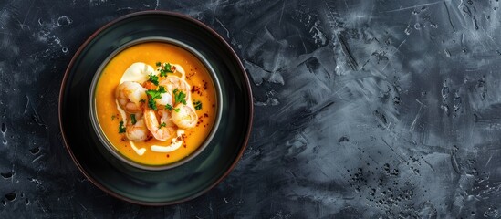 Aufkleber - Shrimp and cream top a pumpkin or carrot soup bowl on a black backdrop in a flat lay style with copy space for custom text or design