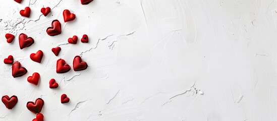 Sticker - Valentine s Day romantic flat lay with red hearts on a white background perfect for a copy space image