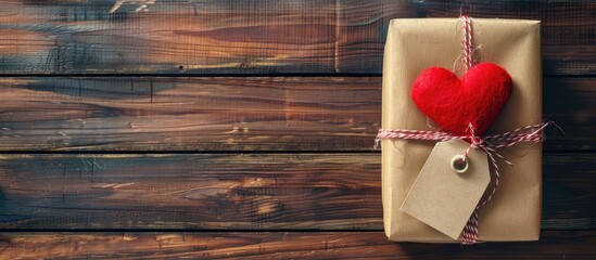 Poster - Vintage gift box with red heart craft paper wrapping tag on old wooden table background in a flat lay top view ideal for a copy space image