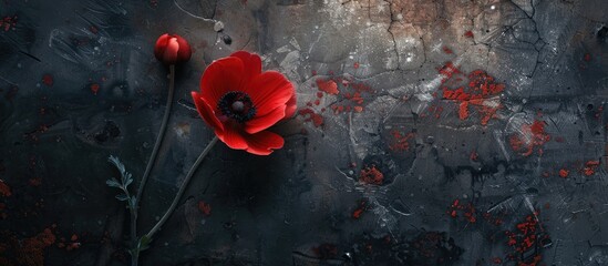 Aufkleber - Artistic ink backdrop featuring a stunning red Buttercup flower in a creative top view copy space image