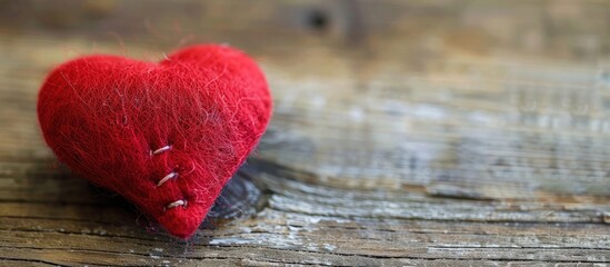 Poster - Handmade red heart crafted from felt resting on a wooden table creating a charming blank for greeting cards with ample copy space image