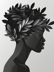 Sticker - A black and white portrait of a woman with a floral crown. The woman's face is turned to the side, and the light highlights her features