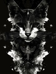 Poster - A black and white abstract portrait of a cat's face with a dragonfly in the center