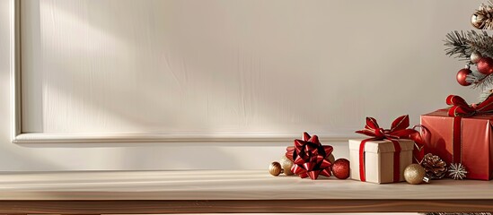 Poster - Festive Christmas gifts displayed on a table with a light wall background providing a stunning copy space image