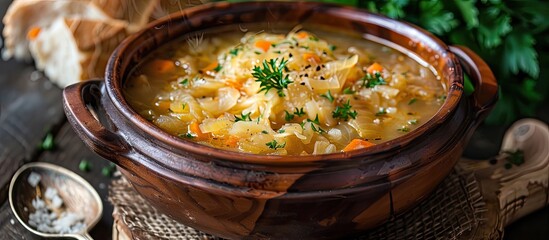Aufkleber - Russian shchi a traditional cabbage and sauerkraut soup forms a classic dish. with copy space image. Place for adding text or design