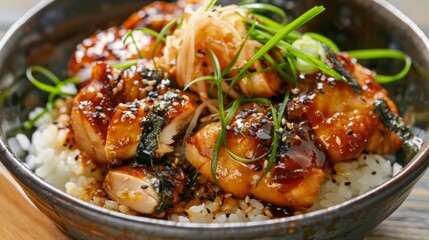 Sticker - Delicious teriyaki chicken bowl with steamed rice. Garnished with green onions and sesame seeds. Perfect for food photography, culinary blogs, and recipe presentations. High-quality food photo. AI