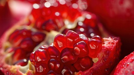 Macro closeup view of fresh juicy pomegranate fruit seed grain