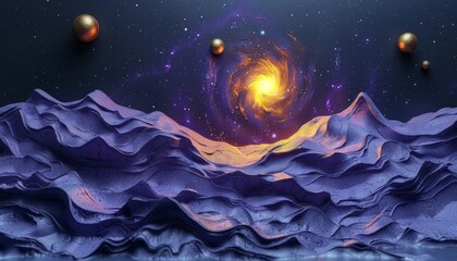 Wall Mural - Futuristic Galaxy on Purple Background With Golden Planets and Swirling Light. Cosmic Landscape