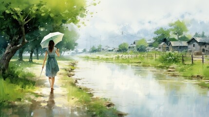 Canvas Print - A girl is walking on the road