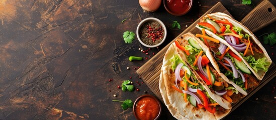 A wooden board on a brown table holds a pita stuffed with cucumbers sweet peppers carrots onions lettuce and sauce with a background of copy space image