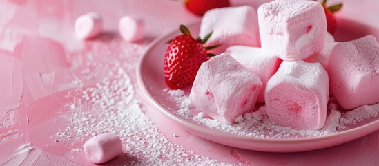 Poster - Pink homemade marshmallows or zephyr with pink strawberry dessert on a pink background creating a visually appealing copy space image