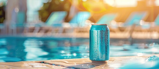 Aufkleber - Enjoy a refreshing cold drink in a blue can by the hotel pool with a relaxing summer vacation vibe at the resort featuring a pleasing copy space image