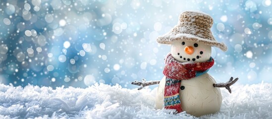Aufkleber - Greeting card showing a jolly snowman with a unique hat and scarf on a snowy backdrop Copy space image included