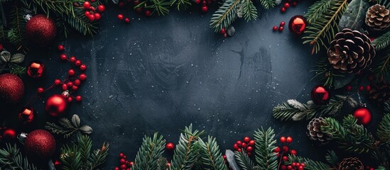 Poster - A festive arrangement with Christmas tree branches wreath and red ornaments creates a nature themed New Year concept in a flat lay style featuring copy space image