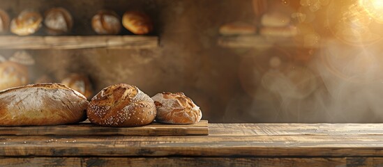 Fototapete - Traditional bakery concept with fresh tasty bread displayed on a wooden shelf emphasizing a healthy food option with a rustic charm and copy space image
