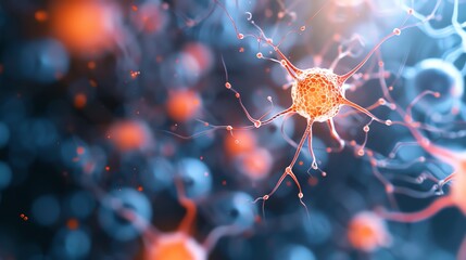 3D rendering of a neuron. This neuron is surrounded by synapses, which are the connections between neurons.